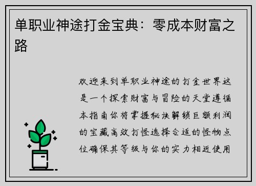单职业神途打金宝典：零成本财富之路